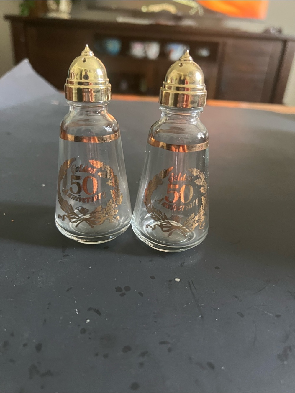 Gold 50th Anniversary Glass Salt and Pepper Shakers